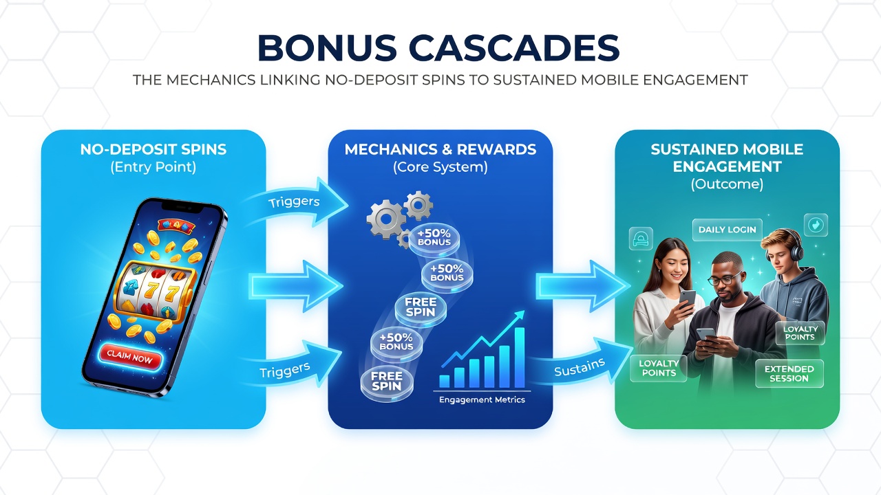 Diagram depicting the flow from free spins to chained mobile bonus activations