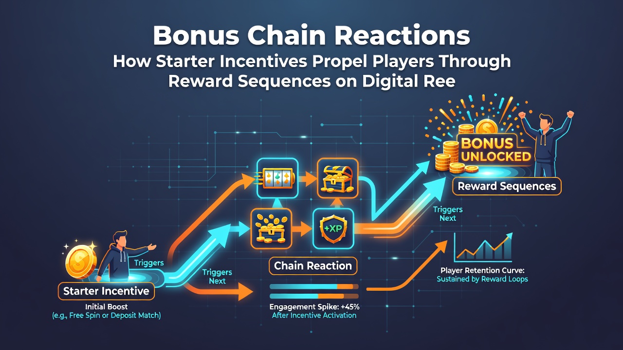 Mobile screen showing layered bonus progression with no-deposit spins leading into welcome offers and loyalty rewards