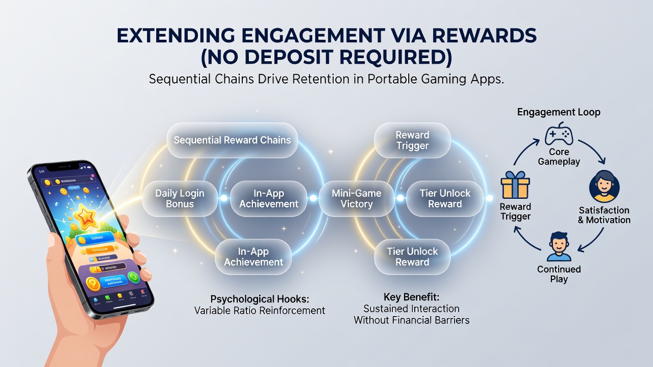 Mobile device screen displaying ongoing reward chain progression with bonus indicators and session timers