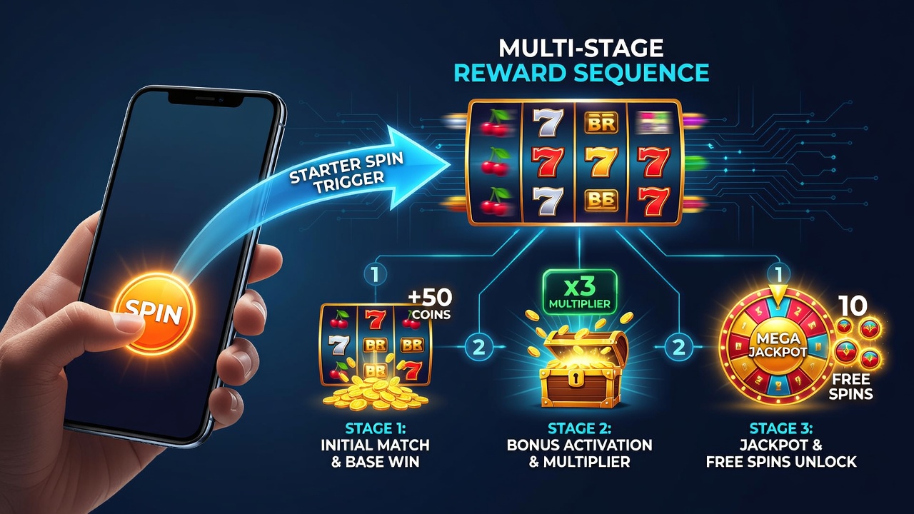 Close-up of mobile screen showing cascading symbols during a multi-stage bonus sequence in an online slot