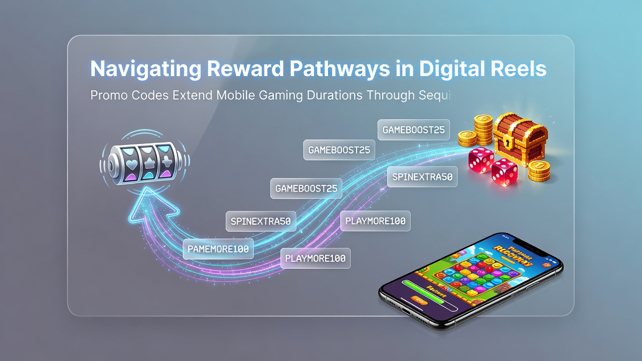 Infographic showing reward pathway flowchart with promo code steps extending mobile gaming time
