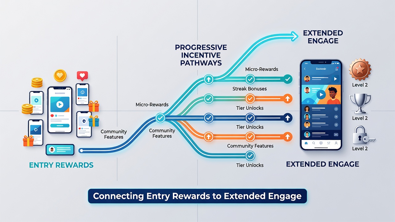 Illustration of tiered bonus progression flowchart overlaid on mobile reel gameplay