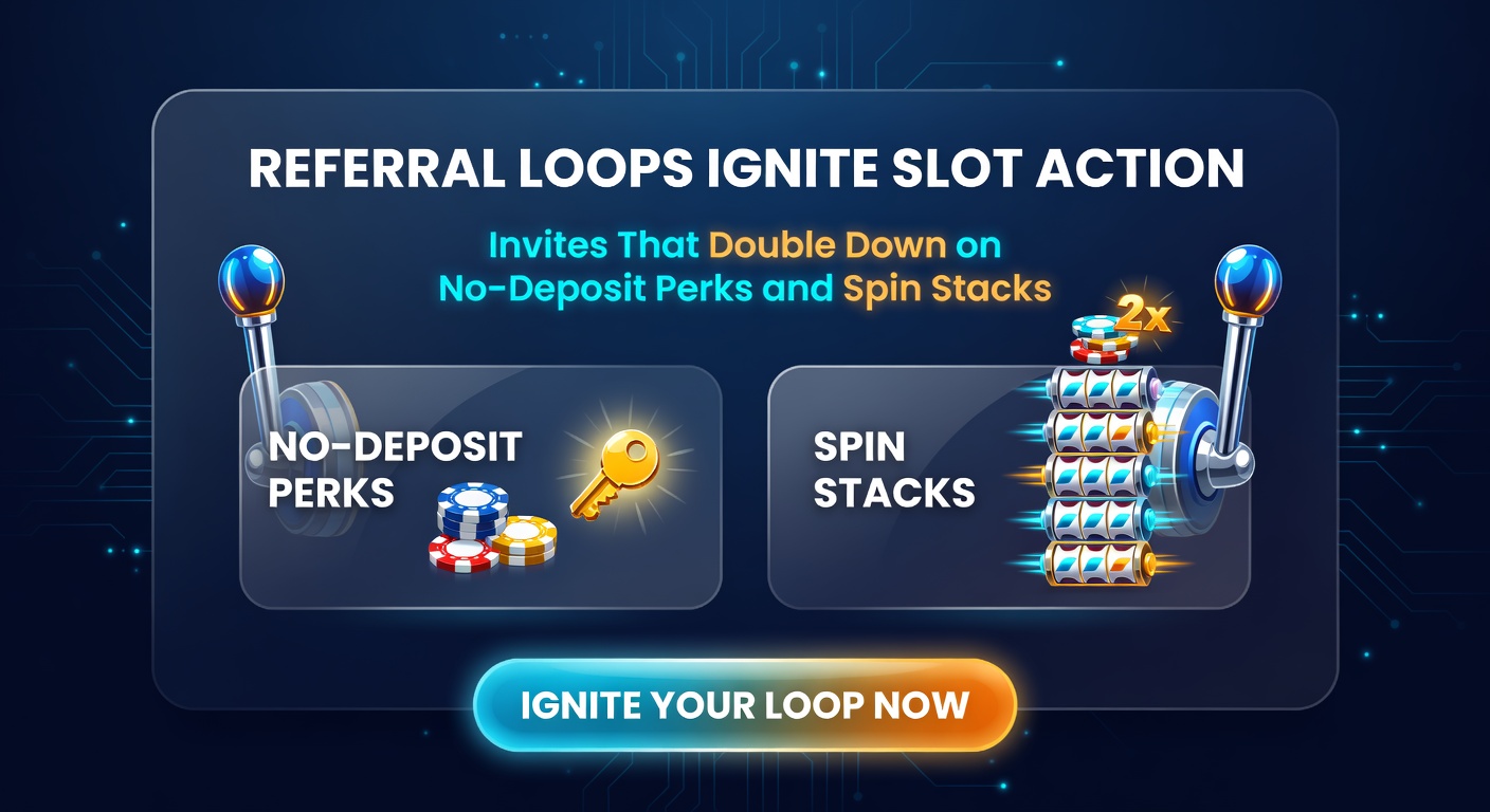 Visual of interconnected referral networks showing bonuses multiplying through friend invites and spin accumulations on slot reels