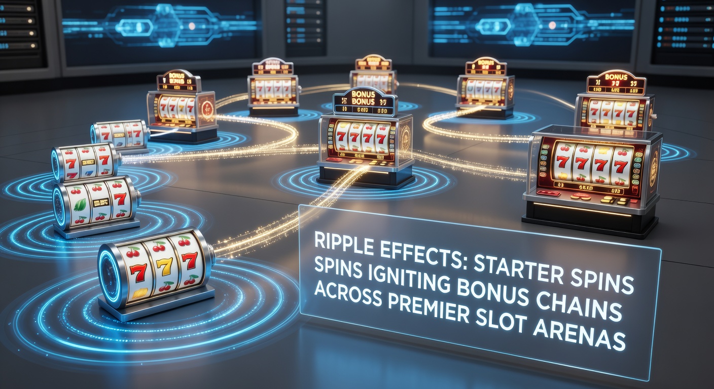Animated graphic showing a single free spin icon expanding into a chain of bonus icons, rewards, and multipliers across slot reels