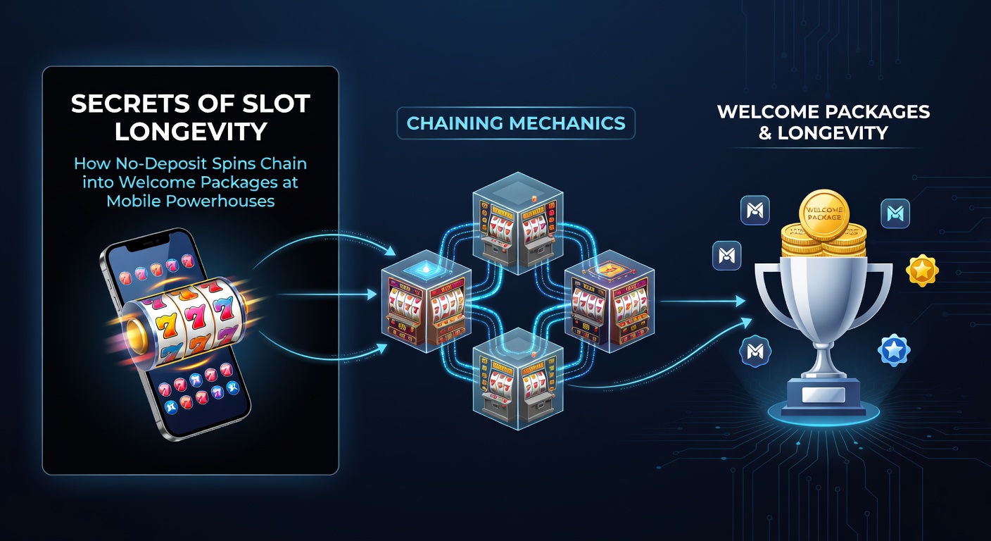 Dynamic infographic depicting a chain link from no-deposit spins icon to a treasure chest welcome bonus, surrounded by mobile phone silhouettes and slot reels spinning