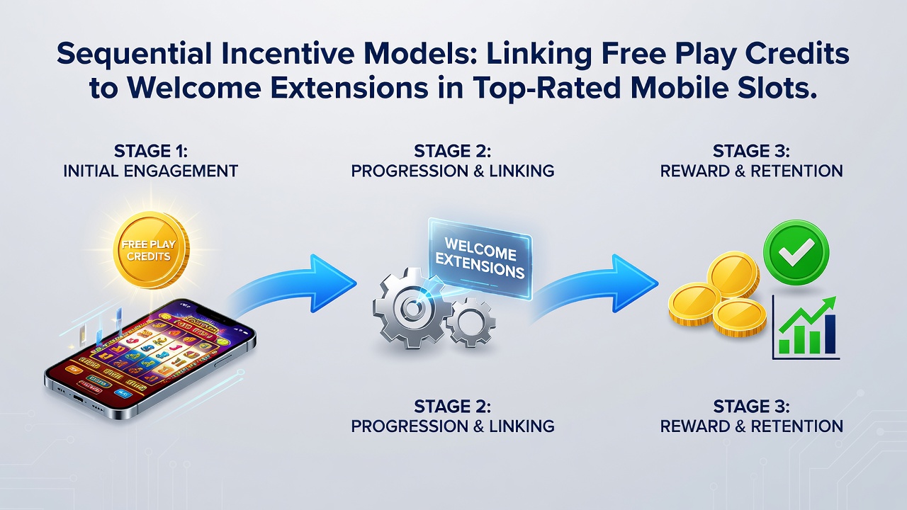 Infographic illustrating how free play credits flow into welcome bonus extensions on mobile slot apps