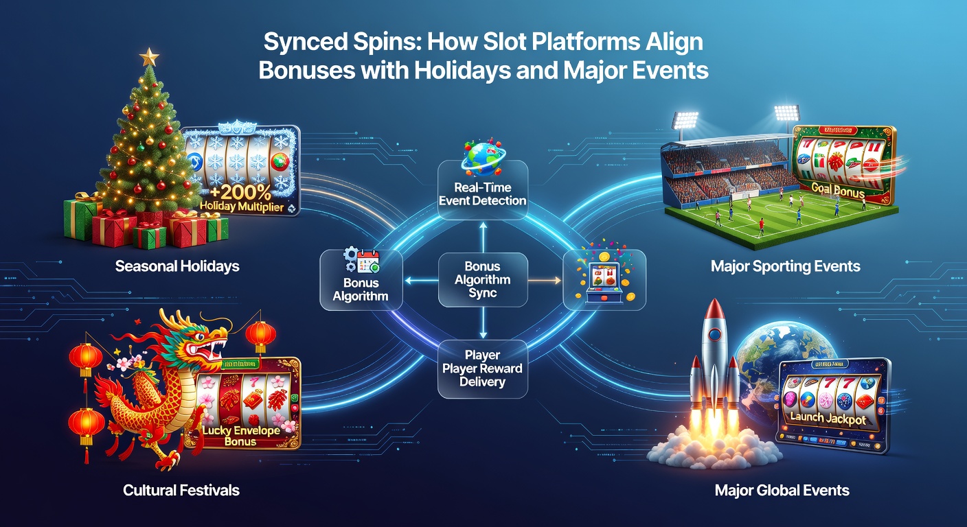 Dynamic collage of slot interfaces overlaid with calendars marking holidays like Easter and events like the World Cup, showing synced bonus notifications
